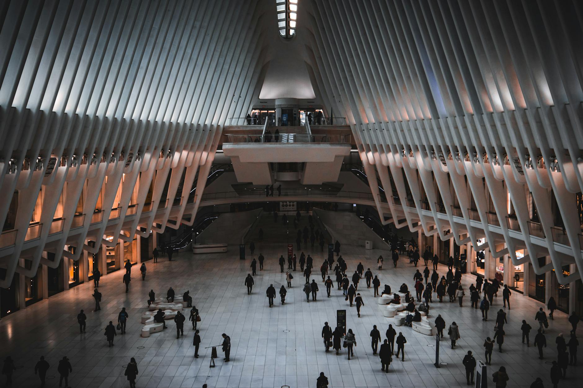 View of people inside the Oculus terminal at World Trade Center, New York.